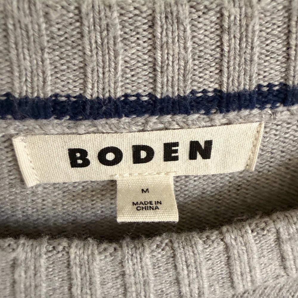 BODEN Light Gray Crewneck Sweater with Navy Trim